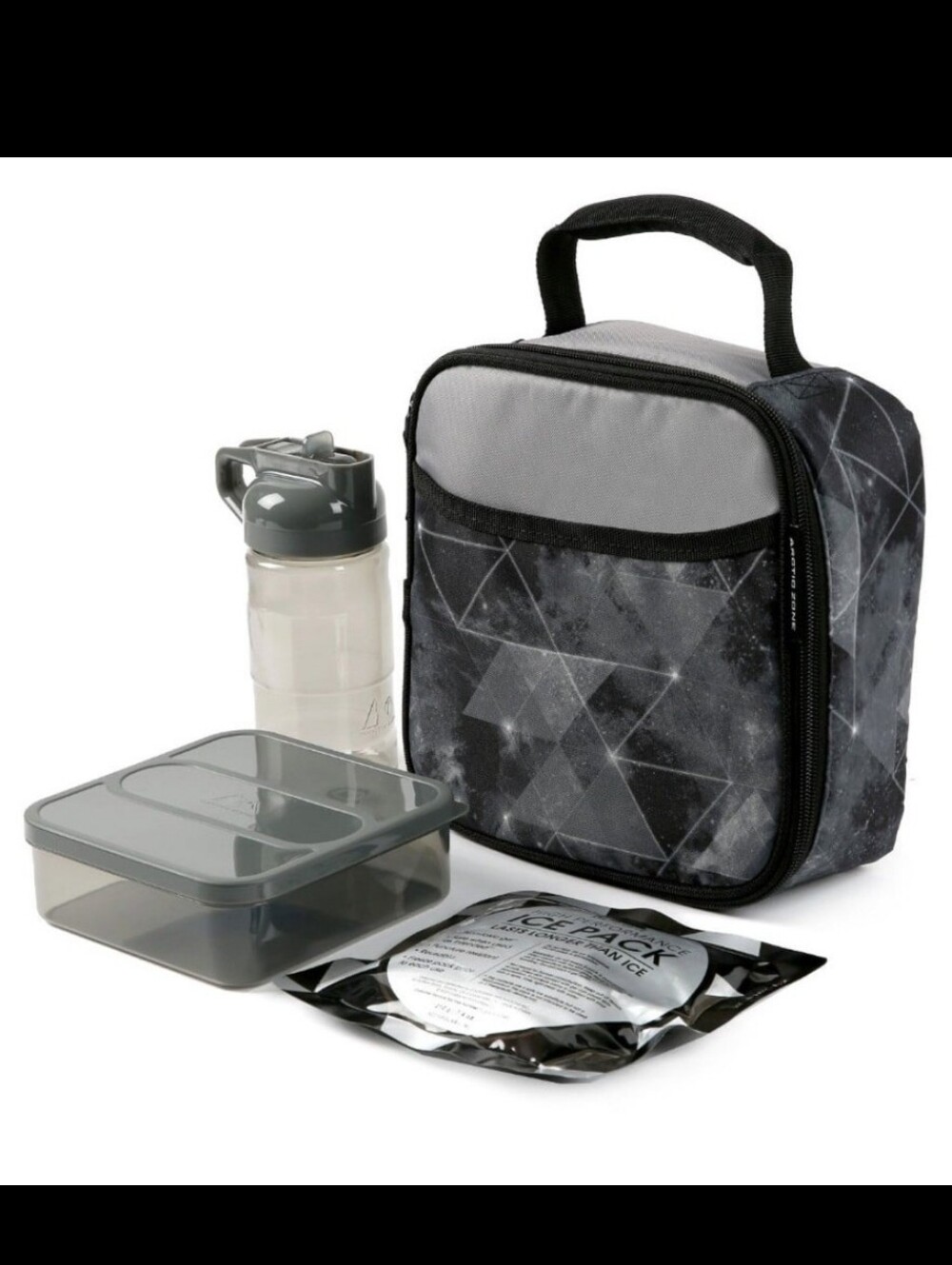 Insulated Gray Geometric Lunch Bag with Water Bottle and Container Set NWT $26